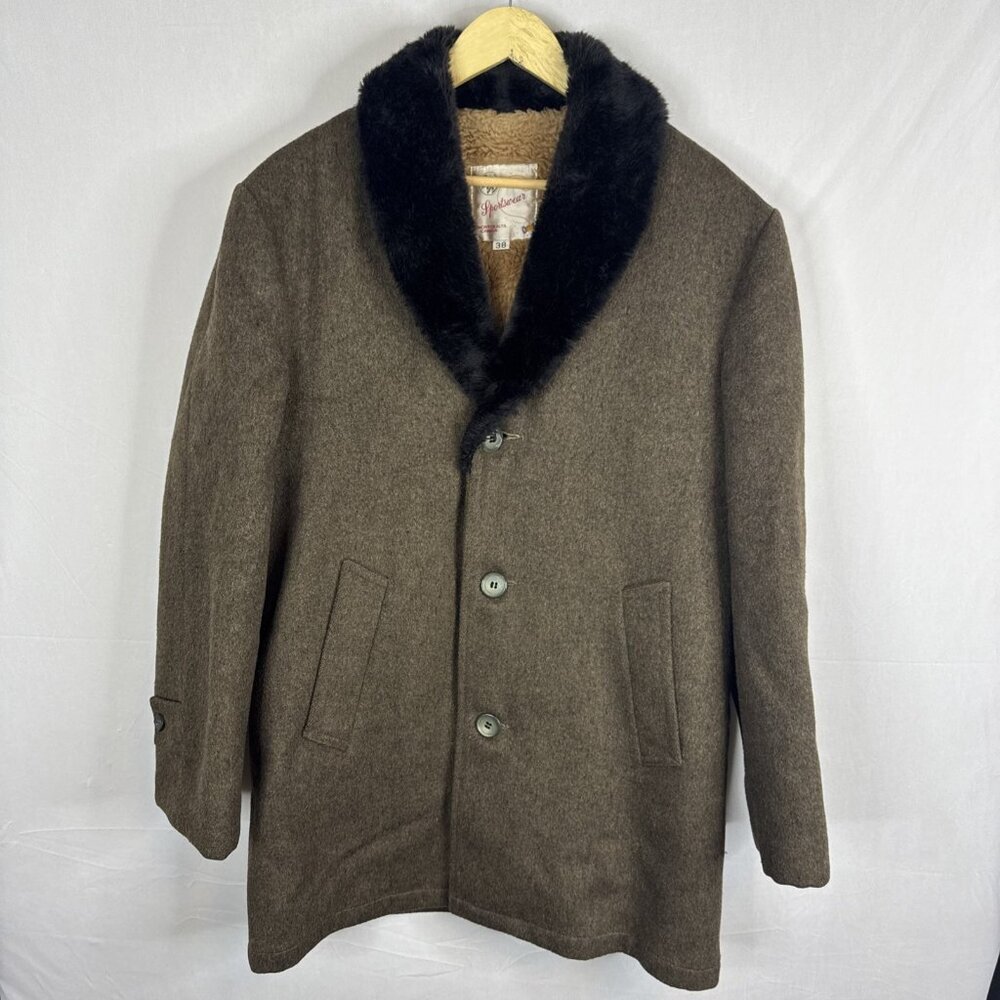 Vintage Wool Car Coat Sherpa Lined Faux Fur Collar Mackinaw Jacket Men’s 38‎